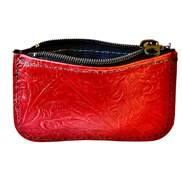 Mini Leather Zipper Pouch Emblossed Red & Black Hand Crafted Tiny New - Picture 2 of 11